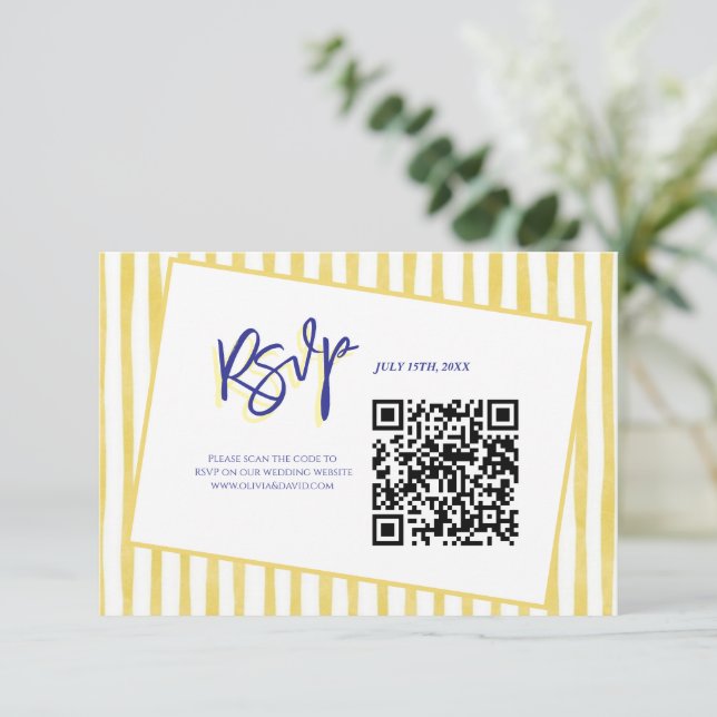 Modern Yellow Hand Written Stripe QR Code Wedding RSVP Card (Standing Front)