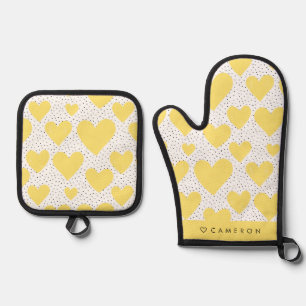 Modern Yellow Heart Pattern Personalised Oven Mitt & Pot Holder Set