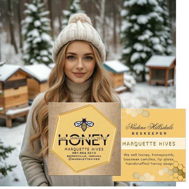 Modern Yellow Hexagon Gold Border Bee Honey Apiary Square Business Card (Creator Uploaded)