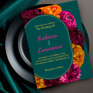 Modern yellow hot pink green floral wedding invitation