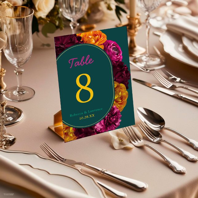 Modern yellow hot pink green floral wedding  table number (Creator Uploaded)