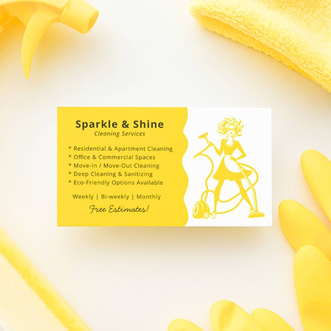 Modern Yellow Housekeeper Maid Cleaning Service  Business Card (Creator Uploaded)