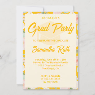 Modern Yellow Ivory Floral Photo Graduation Party Invitation