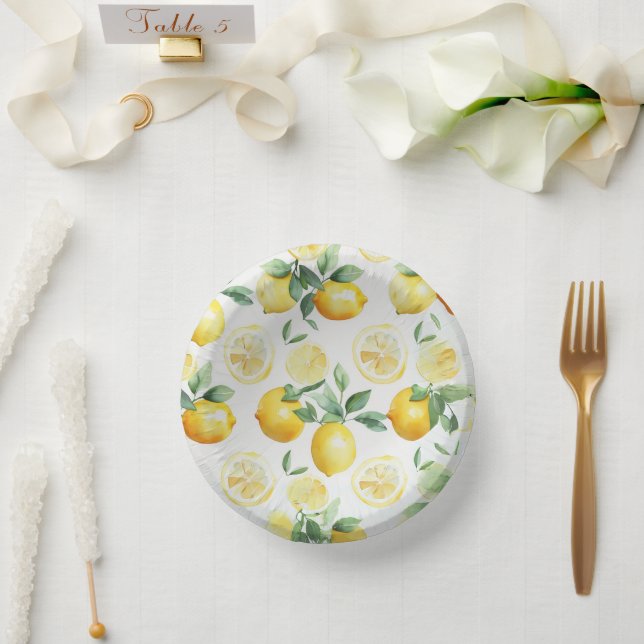Modern yellow lemon floral script bridal shower paper plate (Wedding)