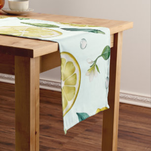Modern yellow lemon floral script bridal shower short table runner