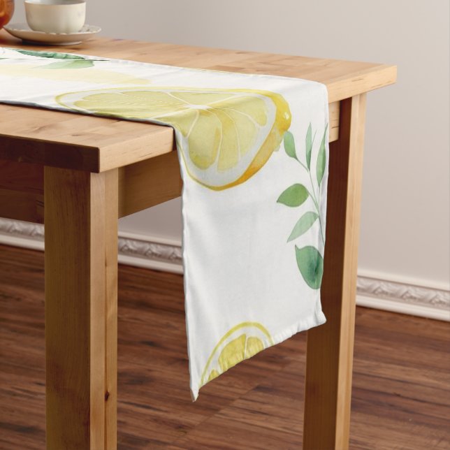 Modern yellow lemon floral script bridal shower short table runner (In Situ)