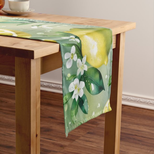 Modern yellow lemon floral script bridal shower short table runner (In Situ)