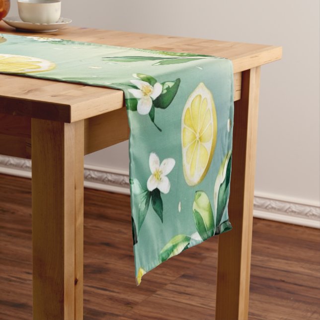 Modern yellow lemon floral script bridal shower short table runner (In Situ)
