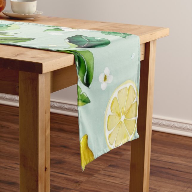 Modern yellow lemon floral script bridal shower short table runner (In Situ)