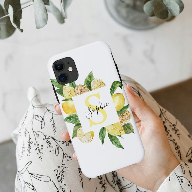 Modern Yellow Lemons Frame & Leaves With Name Case-Mate iPhone Case (Creator Uploaded)