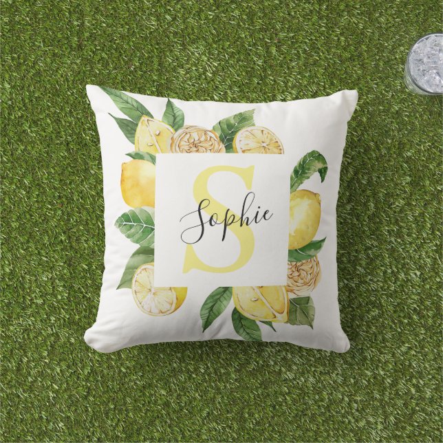 Modern Yellow Lemons Frame & Leaves With Name Cushion (Grass)