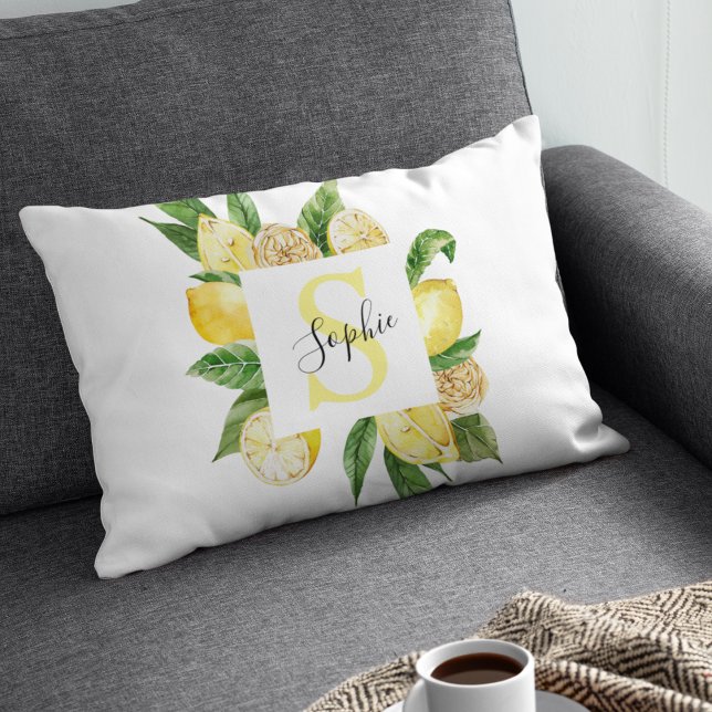 Modern Yellow Lemons Frame & Leaves With Name Decorative Cushion (Creator Uploaded)
