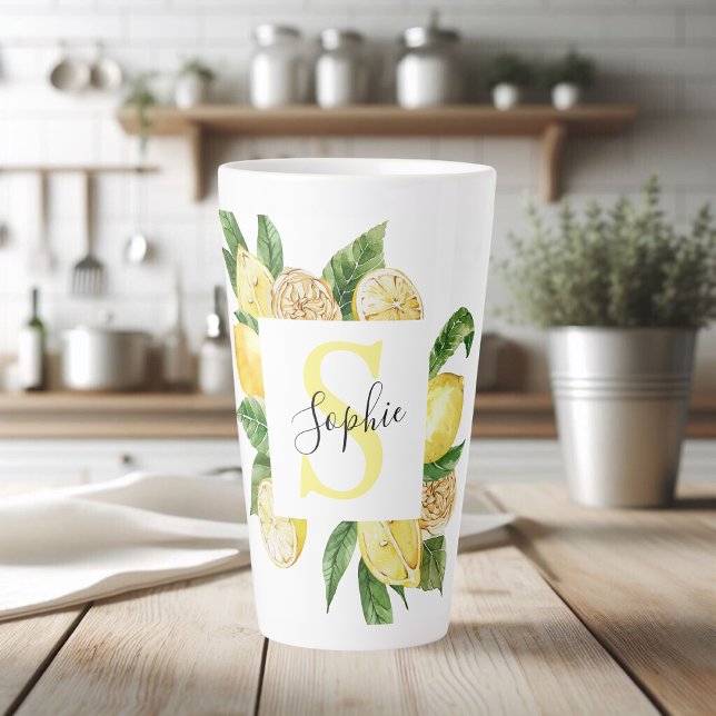 Modern Yellow Lemons Frame & Leaves With Name Latte Mug (Creator Uploaded)