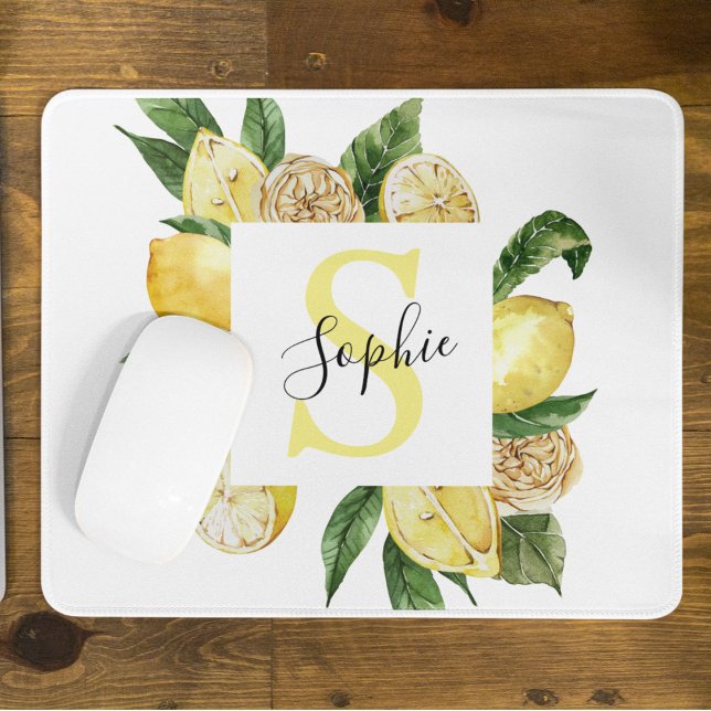 Modern Yellow Lemons Frame & Leaves With Name Mouse Mat (Creator Uploaded)