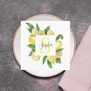 Modern Yellow Lemons Frame & Leaves With Name Napkin
