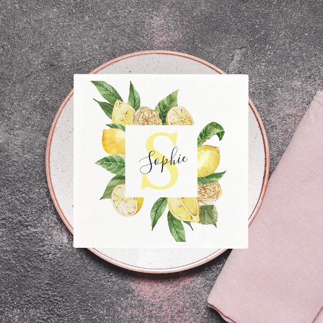 Modern Yellow Lemons Frame & Leaves With Name Napkin (Creator Uploaded)