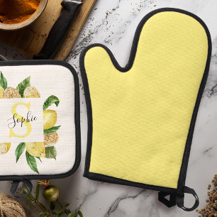 Modern Yellow Lemons Frame & Leaves With Name Oven Mitt & Pot Holder Set
