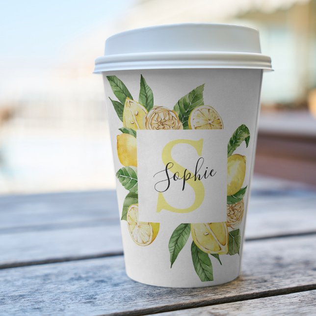 Modern Yellow Lemons Frame & Leaves With Name Paper Cups (Creator Uploaded)