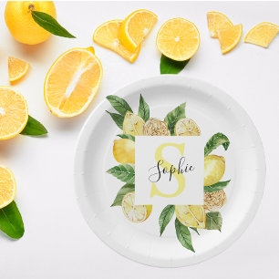 Modern Yellow Lemons Frame & Leaves With Name Paper Plate