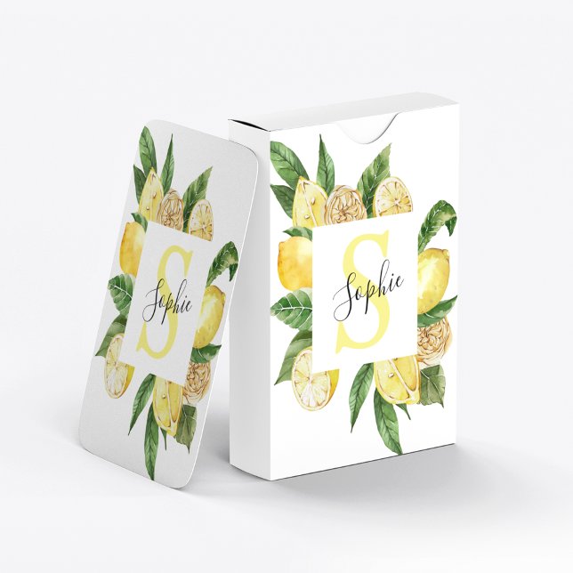 Modern Yellow Lemons Frame & Leaves With Name Playing Cards (Creator Uploaded)