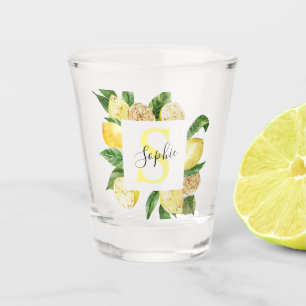 Modern Yellow Lemons Frame & Leaves With Name Shot Glass