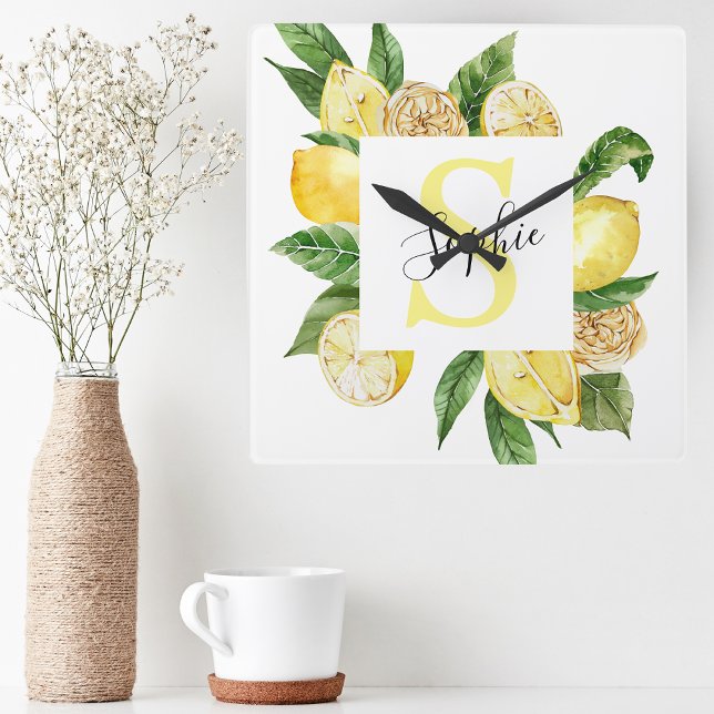 Modern Yellow Lemons Frame & Leaves With Name Square Wall Clock (Creator Uploaded)