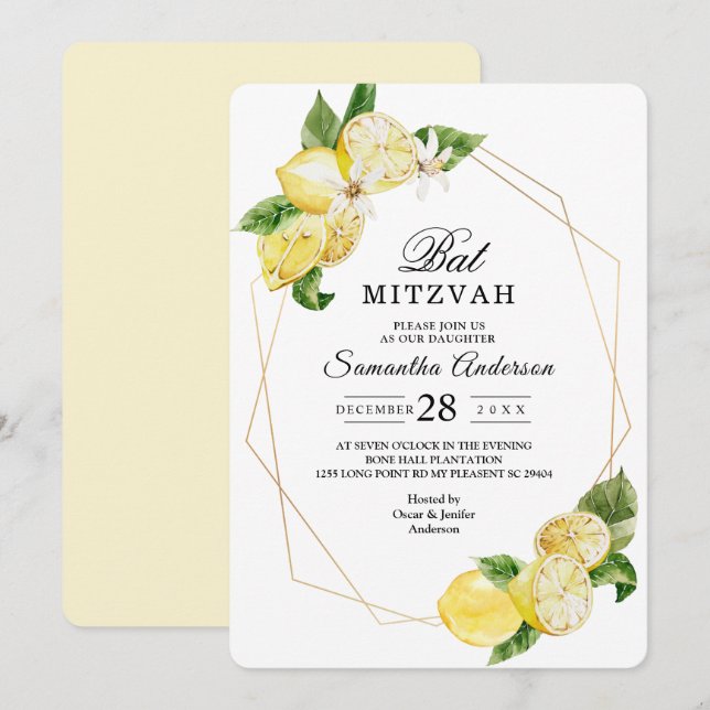 Modern Yellow Lemons & Gold Frame Beauty Invitation (Front/Back)