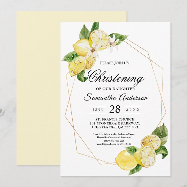 Modern Yellow Lemons & Gold Frame Beauty Invitation (Front/Back)
