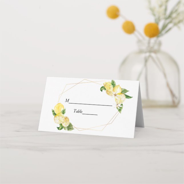 Modern Yellow Lemons & Gold Frame Beauty Place Card (Front)