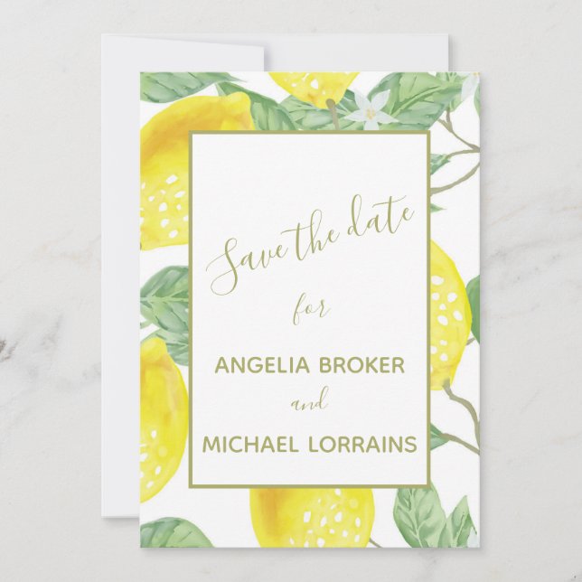 Modern Yellow Lemons & Green Foliage Wedding Photo Save The Date (Front)