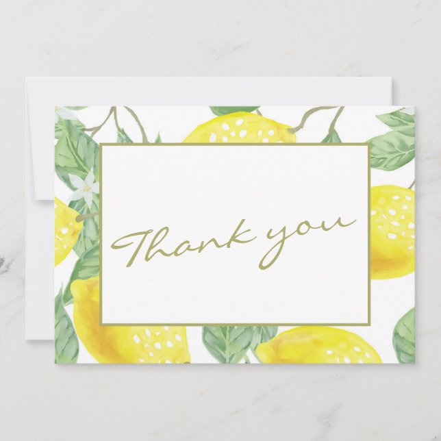 Modern Yellow Lemons & Green Foliage Wedding Photo Thank You Card (Front)