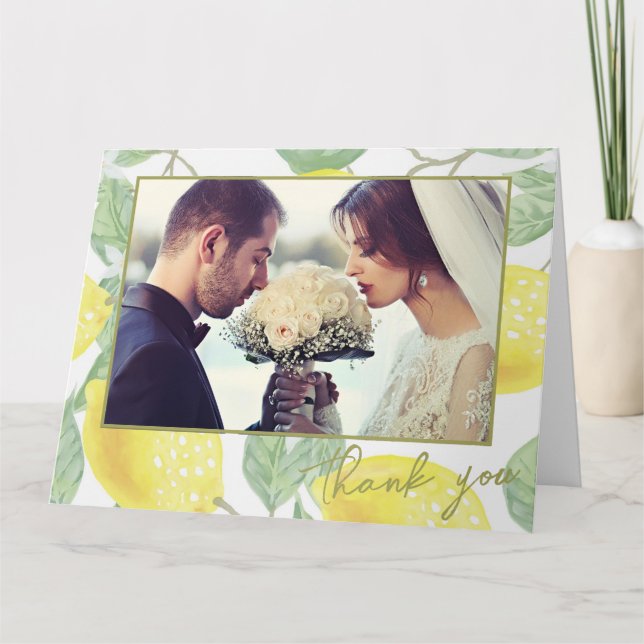 Modern Yellow Lemons & Green Foliage Wedding Photo Thank You Card (Front)