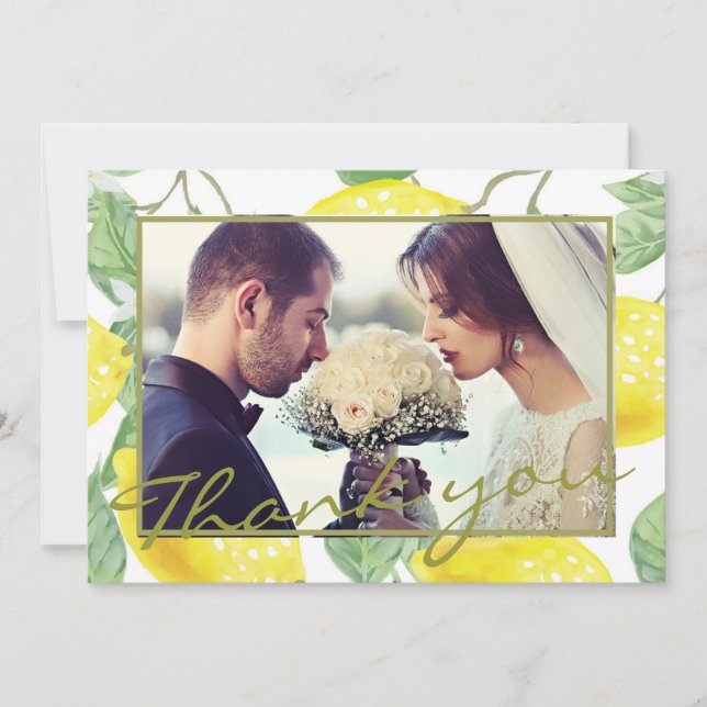 Modern Yellow Lemons & Green Foliage Wedding Photo Thank You Card (Front)