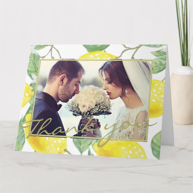 Modern Yellow Lemons & Green Foliage Wedding Photo Thank You Card (Front)