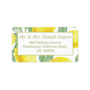 Modern Yellow Lemons Green Leaves Wedding Address Label