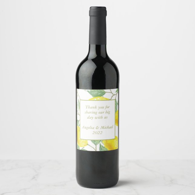 Modern Yellow Lemons Green Leaves Wedding Wine Label (Front)