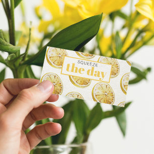 Modern Yellow Lemons Pattern & Squeeze The Day Business Card