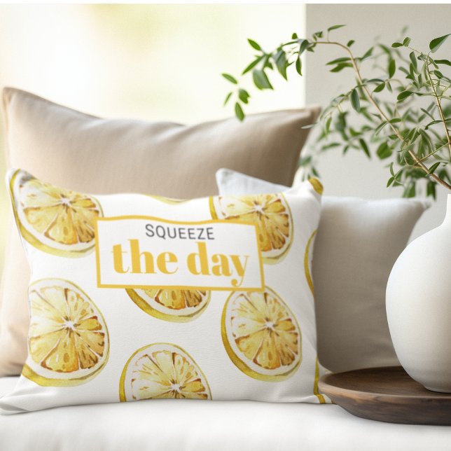 Modern Yellow Lemons Pattern & Squeeze The Day Decorative Cushion (Creator Uploaded)