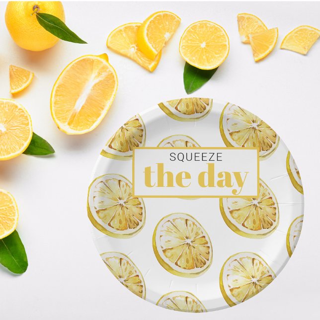Modern Yellow Lemons Pattern & Squeeze The Day Paper Plate (Creator Uploaded)