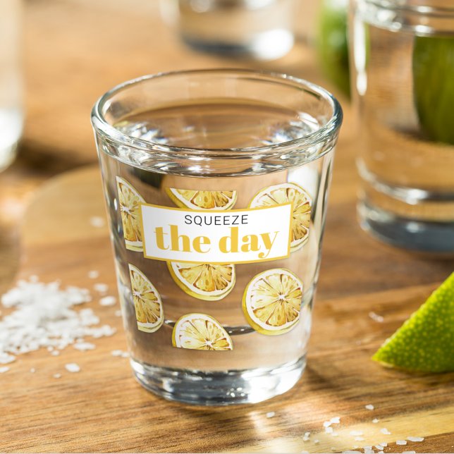 Modern Yellow Lemons Pattern & Squeeze The Day Shot Glass (Creator Uploaded)