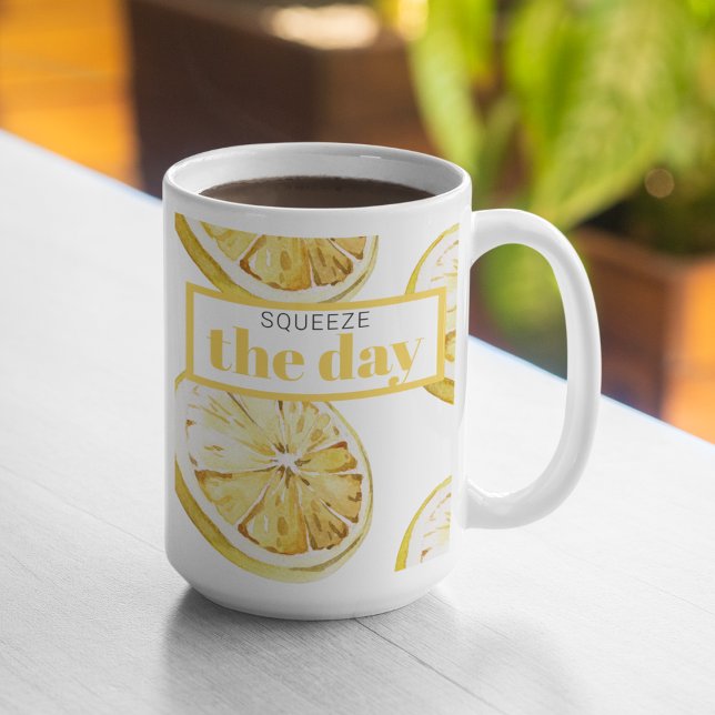 Modern Yellow Lemons Pattern & Squeeze The Day Two-Tone Coffee Mug (Creator Uploaded)