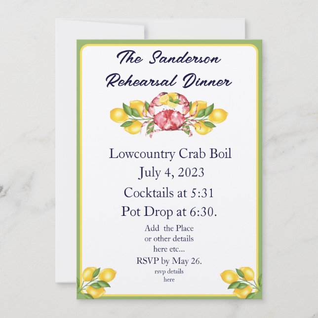 Modern Yellow Lemons Red Crab Boil Invite Green  (Front)
