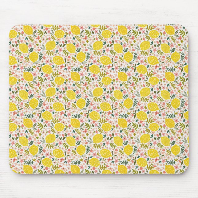 Modern Yellow Lemons with Pink Floral Mouse Mat (Front)