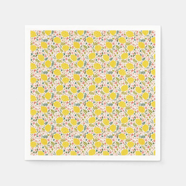 Modern Yellow Lemons with Pink Floral Napkin (Front)
