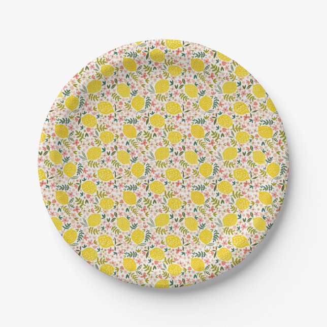 Modern Yellow Lemons with Pink Floral Paper Plate (Front)