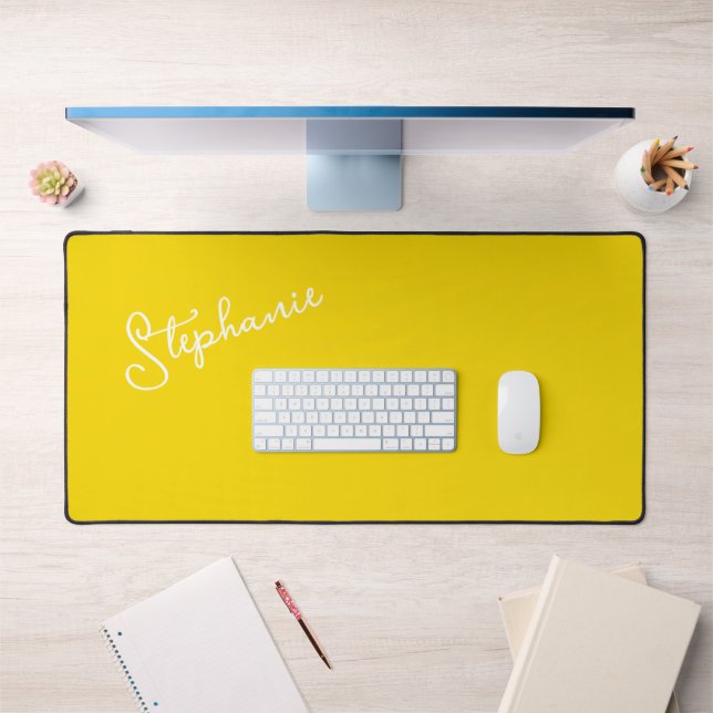Modern Yellow Minimalist Personalised Script Name  Desk Mat (Office 1)