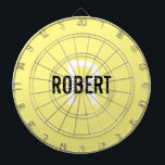 Modern yellow monogram name dart board<br><div class="desc">Modern yellow dart board with a black name and white monogram. Personalise with name and initial.</div>