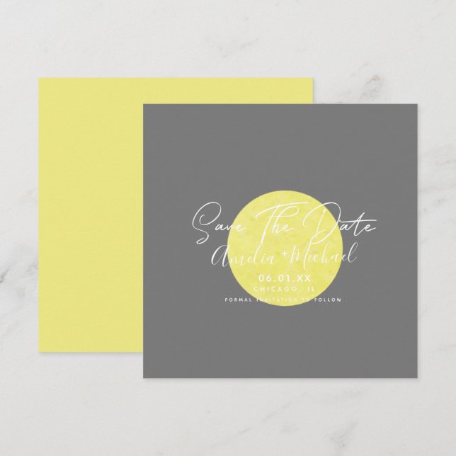 Modern Yellow Moon Grey  Save the Date Card (Front/Back)