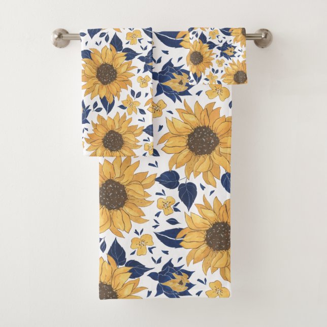 Modern Yellow & Navy Sunflowers Bath Towel Set (Insitu)