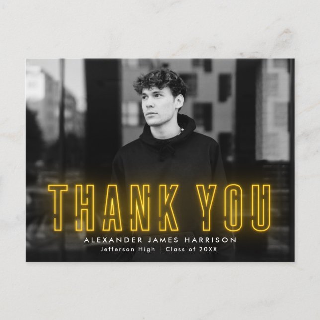 Modern Yellow Neon Photo Graduation Thank You Postcard (Front)